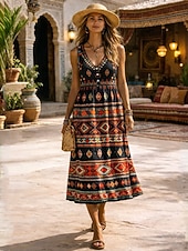 billige Stripe&amp;Geometric Dress-Women's Midi Dress Sundress Sheath Dress Summer Dress Vacation Casual Boho Daily Holiday Summer Dress Regular Fit Geometric Sleeveless V Neck Blue Brown Summer