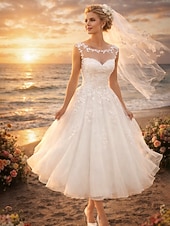 preiswerte Kleine weiße Kleider-A-Linie Tee-Länge Hochzeitskleider Brautkleider Brautkleid Vintage 1940er / 1950er Kleine Weiße Kleider Ärmellos Illusionsausschnitt Abschlussfeier Geburtstag Spitze Tüll mit Applikationen