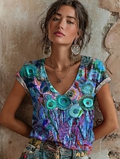  Per donna Maglietta Stampato Floreale Grafico Graffiti Bohemien Vintage Casual Manica Corta Scollo a V Top Regolari Quotidiano Blu Azzurro cielo Viola Verde Estate Primavera