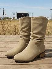 billige Cowboy og vestlige støvler-khaki westernstøvletter i semsket skinn til dame – vintage broderte cowboystøvletter med kraftig hæl til musikkfestivaler og Coachella-antrekk &amp;countrykonserter