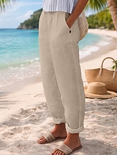 Недорогие Роскошные брюки-Жен. Брюки из хлопка и льна Чино Летние штаны Отпуск Уличный стиль Классический Полная длина Нормальная Полотняное плетение Карман удобный Легкость Дышащий Неэластичная