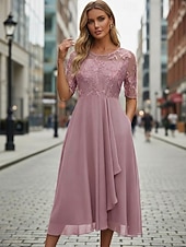 billiga Chiffongklänningar-Dam Midiklänning Chiffongklänningar Spetsklänning Cocktail klänning Bröllopsgästklänning Elegant Formell Fest Bröllop Normal Halvlång ärm Rund hals Rodnande Rosa Guld Grön Mörkblå Sommar