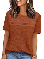 abordables Plain tee-Women's Eyelet Top T Shirt Tee Top Solid Color Fashion Classic Casual Short Sleeve Crew Neck Regular Tops Daily Going out Weekend Black Red Navy Blue Khaki Summer Spring