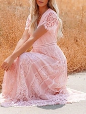 cheap White Lace Dresses-Women's Maxi Dress White Lace Dress Elegant Fashion Modern Outdoor Vacation Going out Regular Fit Plain Short Sleeve V Neck White Summer Spring