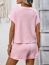 cheap Women's Blouse Suits-Women's Two Piece Sets Shorts Sets Short Sleeve Crew Neck Striped Fashion Streetwear Casual Daily Outdoor Black Pink Dark Pink Summer Regular Fit