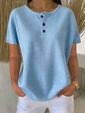 economico T-shirt semplice-Per donna Maglietta Top a maglia waffle Bottoni Davanti Semplice Moda Elegante Classico Manica Corta Henley Top Regolari Quotidiano Uscire Weekend Blu Estate Primavera