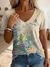 cheap Floral tee-Women's T Shirt Print Floral Graphic Vintage Stylish Classic Short Sleeve V Neck Regular Tops Daily Sports Going out Blue Light Beige Royal Blue Purple Summer Spring