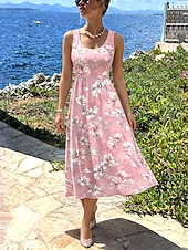 cheap Casual Dress-Women's Midi Dress Sundress A Line Dress Slip Dress Pleated Dress Vacation Casual Boho Beach Date Regular Fit Floral Graphic Sleeveless U Neck Pink Summer Spring