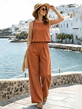 preiswerte Wesentliche Faux Co-ord Sets-Damen Hosen-Sets Kunstbaumwollleinen Ärmellos Rundhalsausschnitt Einfach Elegant Mode Streetwear Lässig Täglich Outdoor Blau Schwarz Orange Sommer Lässiger Schnitt