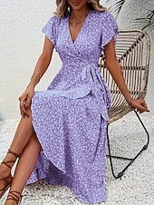 זול שמלות פרחוניות יומיומיות-בגדי ריקוד נשים שמלת מידי שמלת קז'ואל שמלת מעטפת שמלה פרחונית אלגנטית אופנתי מודרני בָּחוּץ חופשה ליציאה רגיל פרחוני שרוולים קצרים צווארון V שחור צהוב ורוד מסמיק אודם קיץ אביב