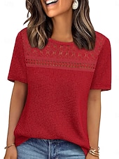abordables Plain tee-Women's Eyelet Top T Shirt Tee Top Solid Color Fashion Classic Casual Short Sleeve Crew Neck Regular Tops Daily Going out Weekend Black Red Navy Blue Khaki Summer Spring