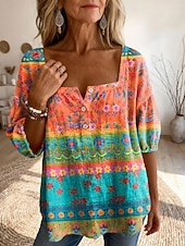 お買い得  花柄のブラウス-女性用 ブラウス プリント フラワー グラフィック 日常 スタイリッシュ ベーシック ハーフスリーブ スクエアネック レギュラートップス 日常 イエロー ピンク パープル オレンジ 夏 春