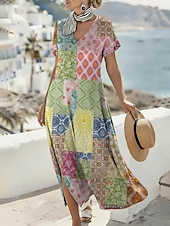 abordables Vestido Boho-Mujer Vestido Midi Vestido bohemio Vestido informal Vestido de una línea Vestido Estampado Vintage Exterior Vacaciones Fin de semana Ajuste regular Floral Plaid Manga Corta Escote en Pico Verde Trébol