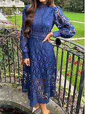 preiswerte Weiße Spitzenkleider-Damen Midikleid Maxikleid Spitzenkleid Weißes Kleid Freizeitkleid Elegant Mode Modern Outdoor Urlaub Ausgehen Normale Passform Schlank Geometrisch Langarm Hoher Ausschnitt Stehkragen Schwarz Wei