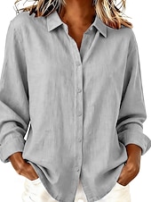 abordables Blusas Sencillas-Mujer Blusa Camisa de lino sintético Botones Color sólido Diario Casual Manga Larga Escote en Pico Tops regulares Diario Azul Piscina Blanco Amarillo Rosa Gris Verano Primavera Otoño
