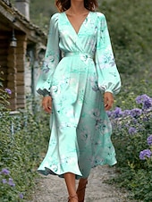 abordables Vestido Floral-Mujer Vestido Midi Vestido ajustado y acampanado Casual Vestidos semi formales Oficina Cita Ajuste regular Floral Graphic Manga Larga Escote en Pico Azul Piscina Rosa Morado Verde Trébol Verano