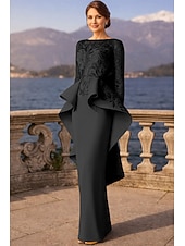 baratos Comprimento do chão-Tubinho Longo Vestido de convidada de casamento Vestido formal Vestido de noite Vestido Para Mãe dos Noivos Manga Longa Scoop pescoço Elegante Festa Formal Convidado do casamento Renda Tecido Que