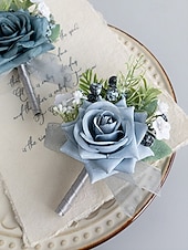 abordables Mariage ACC-Ensemble boutonnière et bracelet de mariée pour homme, en polyester bleu clair à motif floral artificiel, idéal pour les mariés, les bals de fin d'année, les fêtes et les soirées formelles.