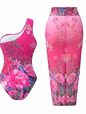 baratos Fatos de Banho 1 Peça-Mulheres Roupa de Banho 2 partes Monoquíni Saia roupa de banho Compressão abdominal Cintura Alta Delgado Frente Única Férias Roupa de Praia Floral Pescoço Assimétrico Sem Manga Fatos de banho