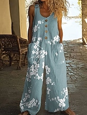 abordables Bas-Femmes Normal Combinaison Actif Fleuri Sans manches Jambe large Col en U Avec Poches Boutons Quotidien Vacances Coupe Ample Bleu Bleu Roi Vert Été