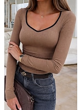 billige Plain t-skjorte-Dame Ribbelte strikkede topper T skjorte Slim fit topp Kontrastfarger Elegant Stilfull Fritid Langermet Klokke Ermer V-hals Vanlige topper Daglig Ut på byen Vin Navyblå Aprikos kaffe Vår Høst