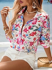 economico Bluse Floreali-Per donna Blusa Patchwork Bottoni Stampato Floreale Grafico Vintage Quotidiano Elegante Manica Lunga Colletto a Camicia Top Regolari Quotidiano Giallo Rosso Estate Primavera