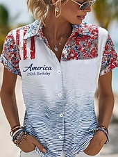 ieftine Ziua Independenței Top-Cămașa pentru femei de Ziua Independenței Americane cu mânecă scurtă grafică steag vintage stilată casual cu guler topuri de zi obișnuite albastru deschis vară primăvară