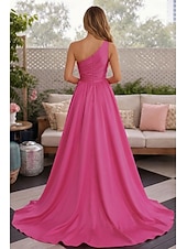 abordables Vestidos de noche de cintura imperio-Corte A Hasta el Suelo Trajes de gala Vestidos de noche Corte Cenicienta Vestimenta formal Elegante Minimalista Sin Mangas Un Hombro Fiesta de baile Invitado a la boda Satén con Plisado Abertura