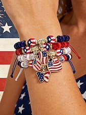 Недорогие Аксессуары-Набор женских браслетов из разных материалов, различные стили, подвески с патриотическим флагом США, регулируемые ремешки, идеально подходит для празднования 250-летия США, Дня независимости и повседневной носки.