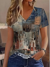 abordables T-shirt rayé et géométrique-Femmes T-shirt Imprimé A Ombre Graphique Géométrique Élégant Classique Occasionnel Manche Courte Col en V Hauts Réguliers Quotidien Marron Été Printemps