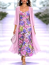preiswerte Blumenkleid-Damen Kleid-Set A Linie Kleid Elegant Urlaub Blumen Grafik Geschichtet Druck Midikleid Dreiviertelarm V Ausschnitt Täglich Party Hellgrün Violett Dunkelblau Sommer Frühling Normale Passform
