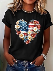  Dia da Independência Americana Mulheres Camiseta Imprimir Coração Gráfico Vintage à moda Clássico Manga Curta Gola Redonda Tops longos Diário Azul Preto Branco Vermelho Verão Primavera