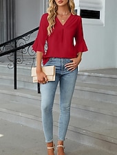economico Bluse Eleganti-Per donna Camicia Blusa Top in chiffon Volant Semplice Elegante Classico Moderno Manica 3/4 Scollo a V Top Regolari Quotidiano Ferie Uscire Nero Bianco Verde Azzurro Estate Primavera