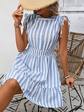 זול שמלות פסים וגיאומטריות-בגדי ריקוד נשים שמלת מיני שמלת קז'ואל שמלת פשתן דמוי עור אלגנטית אופנתי מודרני בָּחוּץ חופשה ליציאה רגיל פסים ללא שרוולים צווארון עגול קצר ורוד מסמיק אודם אפור כהה כחול בהיר קיץ אביב