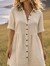 abordables Robe Simple-Robe-chemise courte pour femme, basique, décontractée, pour le quotidien, les vacances, coupe classique, manches courtes, col, noir, rose, abricot, été