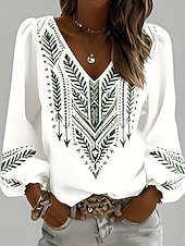 ieftine Bluze Art&amp;Design-Pentru femei Bluză Imprimeu Floral Boemia Epocă Casual Manșon Lung În V Topuri obișnuite Zilnic Albastru piscină Negru Alb Roz Îmbujorat Roșu Vin Vară Primăvară Toamnă