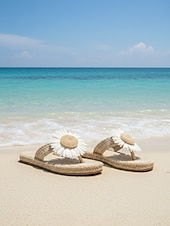 economico Infradito scivolosi-Sandali da spiaggia da donna color arancione acceso con girasoli - romantici sandali bohémien in paglia intrecciata con dettagli floreali per le vacanze estive e le fughe su isole tropicali &amp;feste in