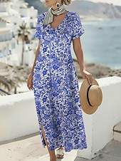 economico Abito Boho da Vacanza-Per donna Abito maxi Abito Boho Vestito Casual Abito a trapezio Abito Stampato Vintage All'aperto Vacanza Weekend Vestibilità regolare Floreale Grafico Manica Corta Scollo a V Blu Viola Fucsia