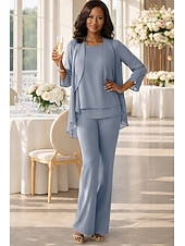 preiswerte Hosenanzüge für Mama-Overall Hosenanzug Bodenlang Brautmutterkleid Dreiviertelarm V Ausschnitt Elegant Hochzeitsgast Chiffon mit Rüschen