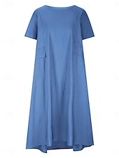 preiswerte Kleider-Damen Midikleid A Linie Kleid Sommerkleid Lässig Täglich Lässiger Schnitt Einfach Kurzarm Rundhalsausschnitt Blau Gelb Rosa Orange Sommer