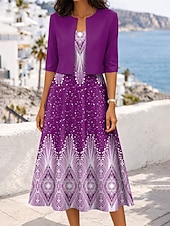 cheap Art&amp;Design Dress-Women's Dress Set A Line Dress Elegant Casual Graphic Geometric Layered Print Midi Dress Half Sleeve V Neck Daily Blue Red Purple Summer Spring Regular Fit