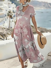  Mujer Vestido maxi Vestido bohemio Vestido informal Vestido de una línea Vestido Estampado Vintage Exterior Vacaciones Fin de semana Holgado Floral Graphic Manga Corta Escote en Pico Rosa Verano