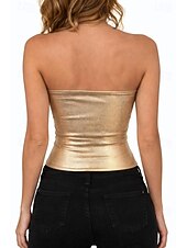 cheap Plain Tank-Women's Slim fit top Faux Leather Tank Tunic Backless Elegant Stylish Hot Sleeveless Bandeau Crop Tops Going out Party Outfits Date Night Outfits Gold Summer Spring