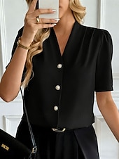 abordables Blusas Elegantes-Mujer Camisa Camisa con botones Camisa casual Botones Plano Elegante Clásico Moderno Manga Corta Escote en Pico Tops regulares Diario Festivos Noche Azul Piscina Negro Blanco Vino Albaricoque Verano