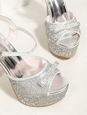 cheap Bride-Women's Silver Glitter Bow Platform Stiletto Heels - Glamorous Bridal Shoes for Urban Wedding Brides