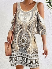 billige Boho-kjoler-Dame Mini kjole Boho-kjole Vintage kjole Uformell kjole Elegant Mote Moderne Feriereise Ut på byen Helg Normal Geometrisk Stamme Halvlange ermer V-hals Blå Lilla Brun Grønn Sommer Vår