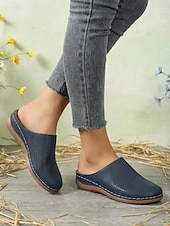 baratos Socas &amp; Mules de mulher-Mules femininas perfuradas, estilo slip-on – sapatos brancos em couro sintético com salto confortável para uso diário, passeios casuais e um estilo descontraído de verão.