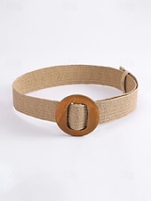 abordables Accesorios de vacaciones-Cinturón tejido bohemio para mujer con hebilla de madera vintage, cinturón de malla de paja para vestir, ideal para vacaciones de verano en la playa y uso diario informal, disponible en varios colores.