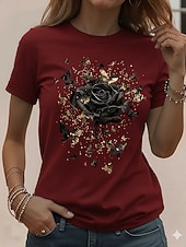  Dames T-shirt Afdrukken Bloemig Grafisch Planten Stijlvol Klassiek Casual Korte mouw Strakke ronde hals Ronde hals Normale tops Dagelijks Zwart Rood Groen Zomer Lente