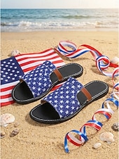  Damsandaler med stjärnmönster och USA-motiv för 250-årsjubileum - patriotiska blå platta sandaler med stjärnmönster för självständighetsdagen 2026 och strandsemester &patriotiska parader